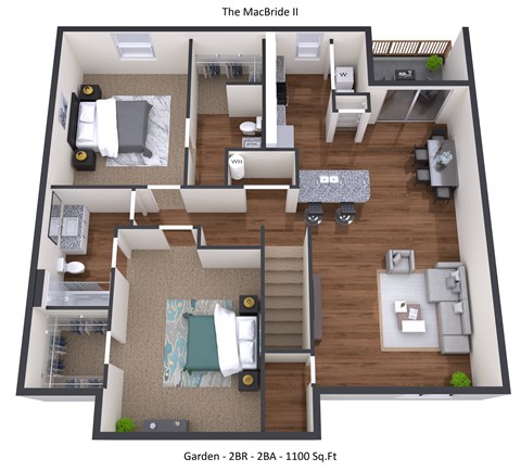A 3D floor plan of a two bedroom, two bathroom apartment with a garden.